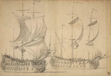 Een Engelse derde rang en vierde rang onder gemakkelijke zeil, circa 1677