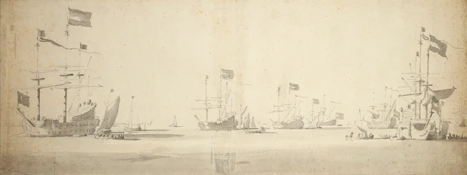 Nederlandse vlaggenschepen voor anker met boten ernaast, c.1664