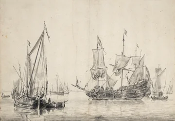 Zeilboten en een Nederlandse fregat die zijn zeilen droogt. Tekening en was door William van de Velde de Oude (ca. 1611-1693), circa 1665.