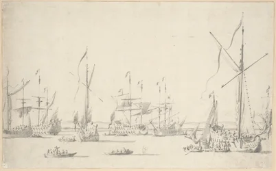 De jachten en schepen voor anker nabij Sheerness, c.1677
