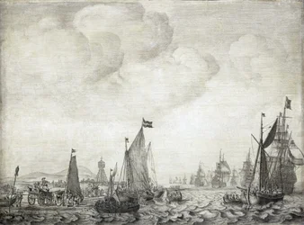 Handelsschepen naar het Oosten en hun escorte, vertrekkend uit Vlie (of Vliestroom), maritieme route tussen de eilanden Vlieland en Terschelling (Nederland), 9 juni 1645
