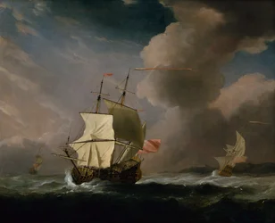 Een Engelse Tweedekker in een Sterke Wind met een ander Schip op de Achtergrond