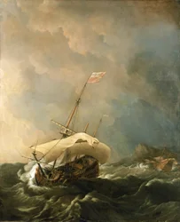 Brits schip in een stormachtige wind, probeert te ontsnappen van de rotsachtige kust