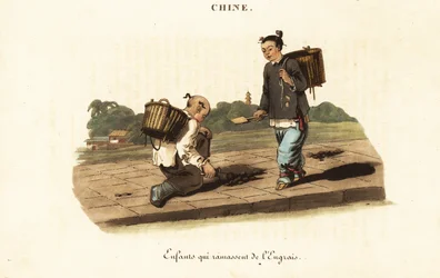 Chinese kinderen die paardenmest verzamelen