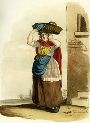 Visverkoopster, Engeland. Engelse gravure