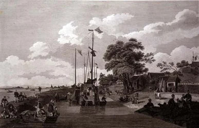 Uitzicht op het Pao-Yng Meer waar het wordt Gescheiden van het Grote Kanaal door een Aarden Wal, gegraveerd door William en Elizabeth Ellis, gepubliceerd door G. Nicol