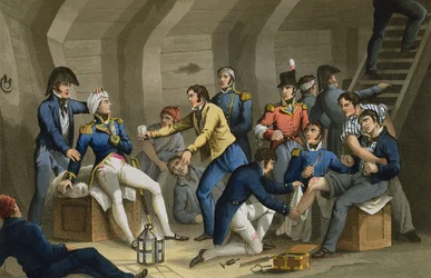 De ziekenboeg, Slag bij de Nijl, met de in de slag gewonde Nelson, gegraveerd door Matthew Dubourg (fl.1813-20) uit 