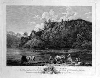 Uitzicht op Lismore Castle, County Waterford, Ierland, gegraveerd door Thomas Milton, 1786