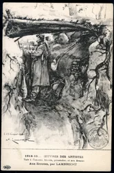 Eerste Wereldoorlog - Oorlog 14-18 (1914-1918) - Wereldoorlog I (WWI of WW1): Frankrijk, Patriottische kaart met een tekening van een soldaat in een loopgraaf die de frontlinie observeert, getiteld: 
