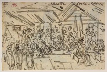 Theater. Cochin China, uit een Album van 372 tekeningen van landschappen, kustlijnen, kostuums en het dagelijks leven gemaakt tijdens Lord Macartney