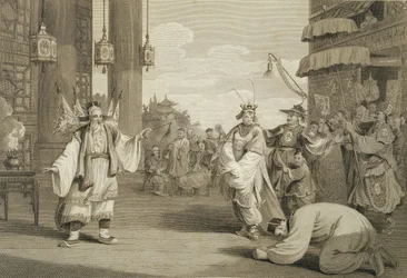 Een scène in een historisch toneelstuk opgevoerd op het Chinese podium, gegraveerd door James Heath, uitgegeven door G. Nicol, 1796