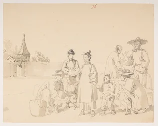 Een groep, uit een Album van 372 tekeningen van landschappen, kustlijnen, kostuums en het dagelijks leven gemaakt tijdens de ambassade van Lord Macartney naar de Keizer van China