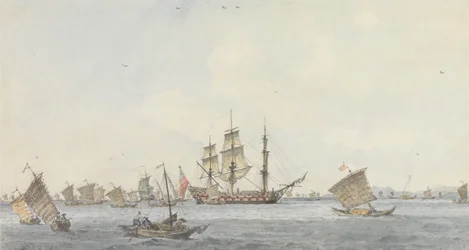 De Hindostan voor Anker in de Straat van Mi-a-tau van de Stad Ten-choo-fou bij de Ingang van de Golf van Pekin