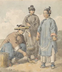 Drie Chinese vrouwen straatverkopers
