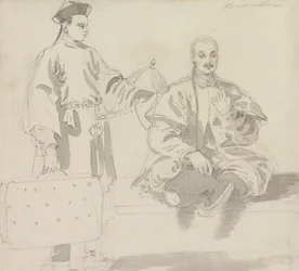 Twee Chinese figuren: een verkoper van hoeden en een man die met gekruiste benen zit en een pijp rookt