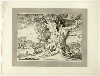 Rustend, mannen en honden onder een grote boom, uit de eerste uitgave van Specimens of Polyautography