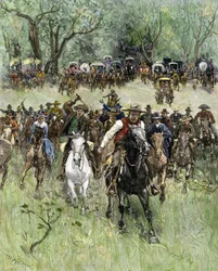 Verenigde Staten, staat Oklahoma: West Conquete. Eigenaren laden bij signaal in West Oklahoma tijdens land rush