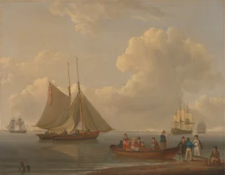 Een wherry die passagiers naar twee voor anker liggende pakketten brengt