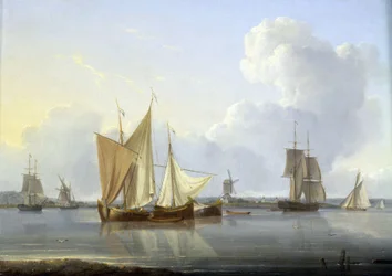 Aankomst in Limehouse, Londen, verschillende boten op de Theems en een molen aan de oever, en rechts het Greenwich Hospital (circa 1820)