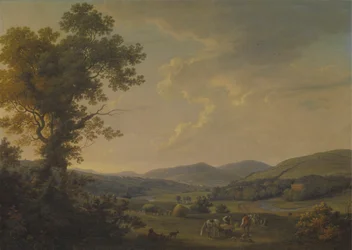 Landschap met hooimaaiers en een verre blik op een Georgisch huis