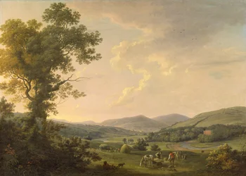 Landschap met Hooibouwers en een Verre Uitzicht op een Georgisch Huis