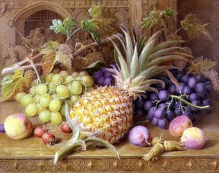 Een Stilleven van een Ananas, Druiven, Perziken, Aardbeien en Hazelnoten op een Dressoir