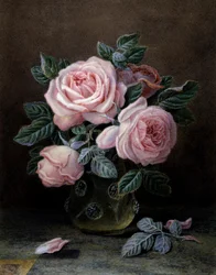 Roze rozen in een glazen vaas. Schilderij van William Hough (fl.1850-1900) Privécollectie.