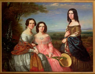 Een Groepsportret van Drie Meisjes, Driekwart Lengte, in een Landschap, 1849