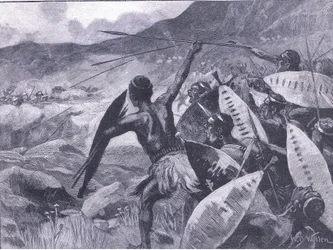Gevechten in de Matoppo Heuvels: aanval van de Matabele, illustratie uit Cassells Geschiedenis van Engeland, 1900s