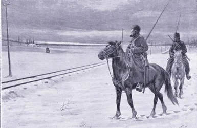 Bewaking van de spoorweg bij Mukden, illustratie uit Cassells History of the Russo-Japanese War Vol 1, ca. 1900