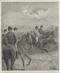 De parlementaire steeplechase, Mr F Mildmay op Discretion haalt Mr Walter Long op Crusader in, bij de tweede hindernis van huis
