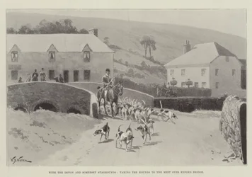 Met de Devon en Somerset Staghounds, de Honden naar de Bijeenkomst brengen over Exford Bridge