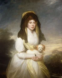 Portret van koningin Charlotte, driekwart lengte, in een witte jurk, een gele sjaal en zwarte mantilla, met een Maltezer hond, in de tuinen van Frogmore House