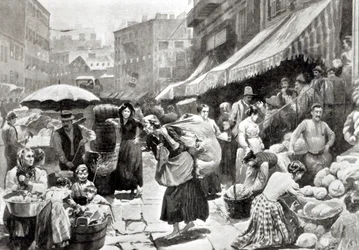 Mulberry Bend Italiaanse kolonie in New York, illustratie in 