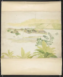 Aquareltekening van het Lucky Valley Estate, Clarendon, Jamaica