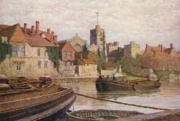 Maidstone, Achter het Oude Paleis, de Kerk en het Oude College vanaf de overkant van de Medway