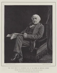 De Zeer Eerwaarde W E Gladstone, MP, in zijn Kamer in Downing Street