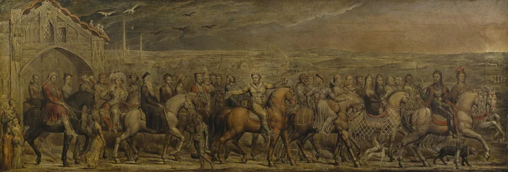 Sir Jeffrey Chaucer (c.1342-1400) en de Negenentwintig Pelgrims op hun Reis naar Canterbury
