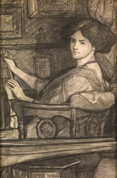 Lena, de dochter van de kunstenaar, met een viool (houtskool)