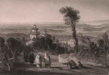 Uitzicht vanaf Sacro Monte in Varese, Lombardije, Italië, staalgravure door T Willmore naar tekening van William Brockedon, circa 23x18 cm