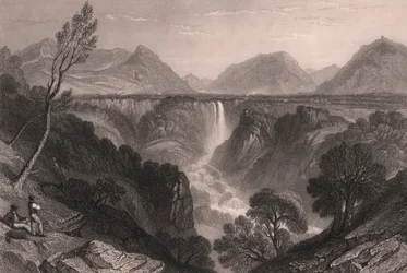 Uitzicht op de watervallen van Marmore nabij Terni, Umbrië, Italië, staalgravure door James Tibbitts Willmore naar tekening van William Brockedon, circa 23x18.5 cm
