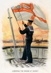 Het strijken van de vlag bij zonsondergang, ca. 1890-ca. 1893