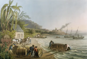 Transport en inscheping van suikervaten, plaat X uit „Tien gezichten op het eiland Antigua“, uitgegeven door W. Clark, Londen, 1823