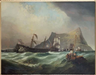 Neptunus, die de Victory naar de Haven van Gibraltar sleept na de Slag bij Trafalgar