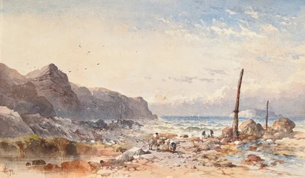 Een winderige dag met vissersvolk op het strand, 1874