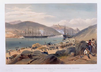 Balaklava toont de staat van de kades en de scheepvaart in mei 1855