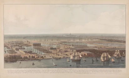 Gezicht op de handelsdokken bij Rotherhithe