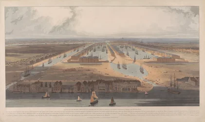 Gezicht op de West India Docks
