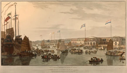 Europese handelsposten (Oost-Indische Compagnieën) in Canton, China. Getekend en gegraveerd door William Daniell, 1805