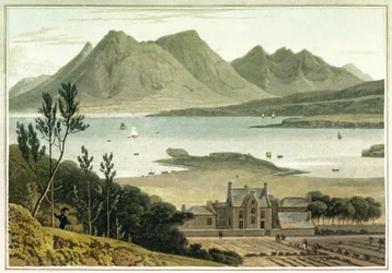 Westelijk uitzicht vanaf Raasay Island (Schotland), met beschrijving van een groot gebouw en de aangrenzende tuinen. Ets in kleuren door William Daniell